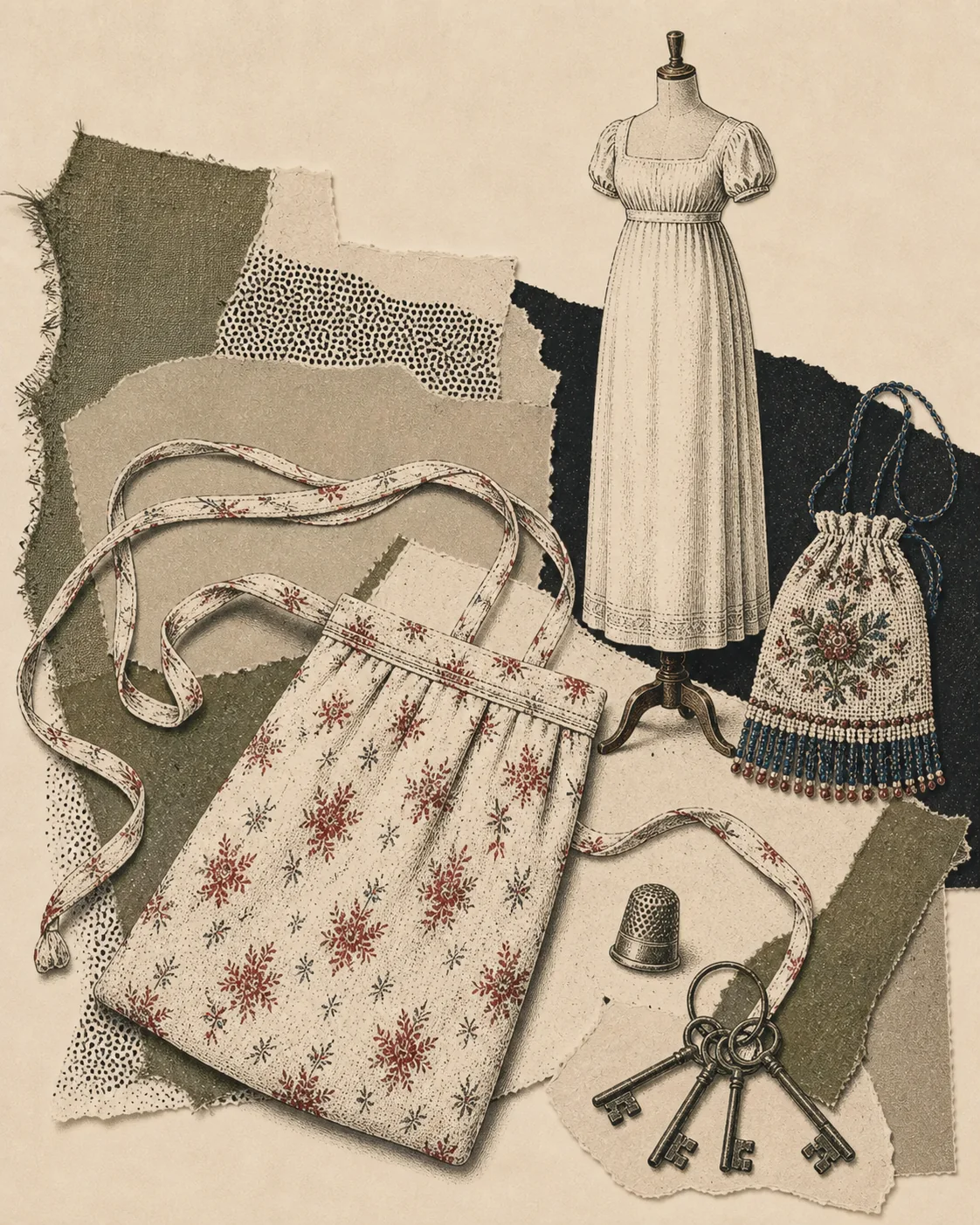 Screenprint collage of a tie-on cotton pocket, dress form, keys, thimble, and beaded reticule