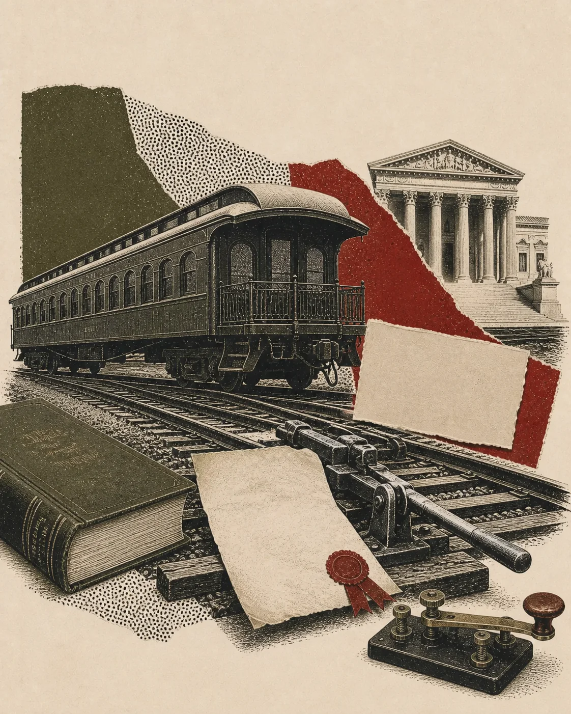 Screenprint collage of a stopped Pullman railcar, locked rail switch, injunction, boycott notice, law book, and courthouse