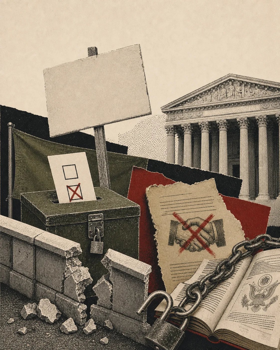 Screenprint collage of a picket sign, union ballot, broken court barrier, torn contract, unlocked chain, and statute