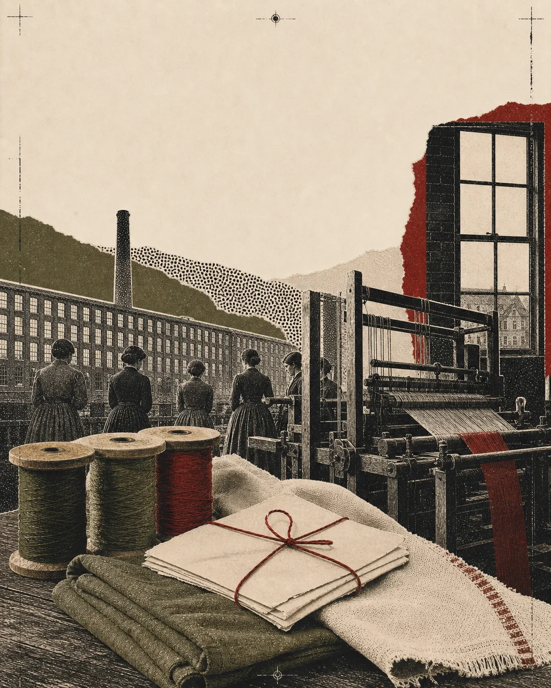 Screenprint collage of textile looms, bobbins, letters, and women workers near a boardinghouse window