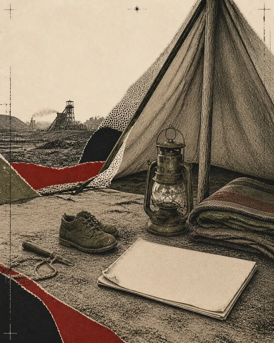 Screenprint collage of an empty miners' tent, coal lamp, worn shoe, blanket, and official papers
