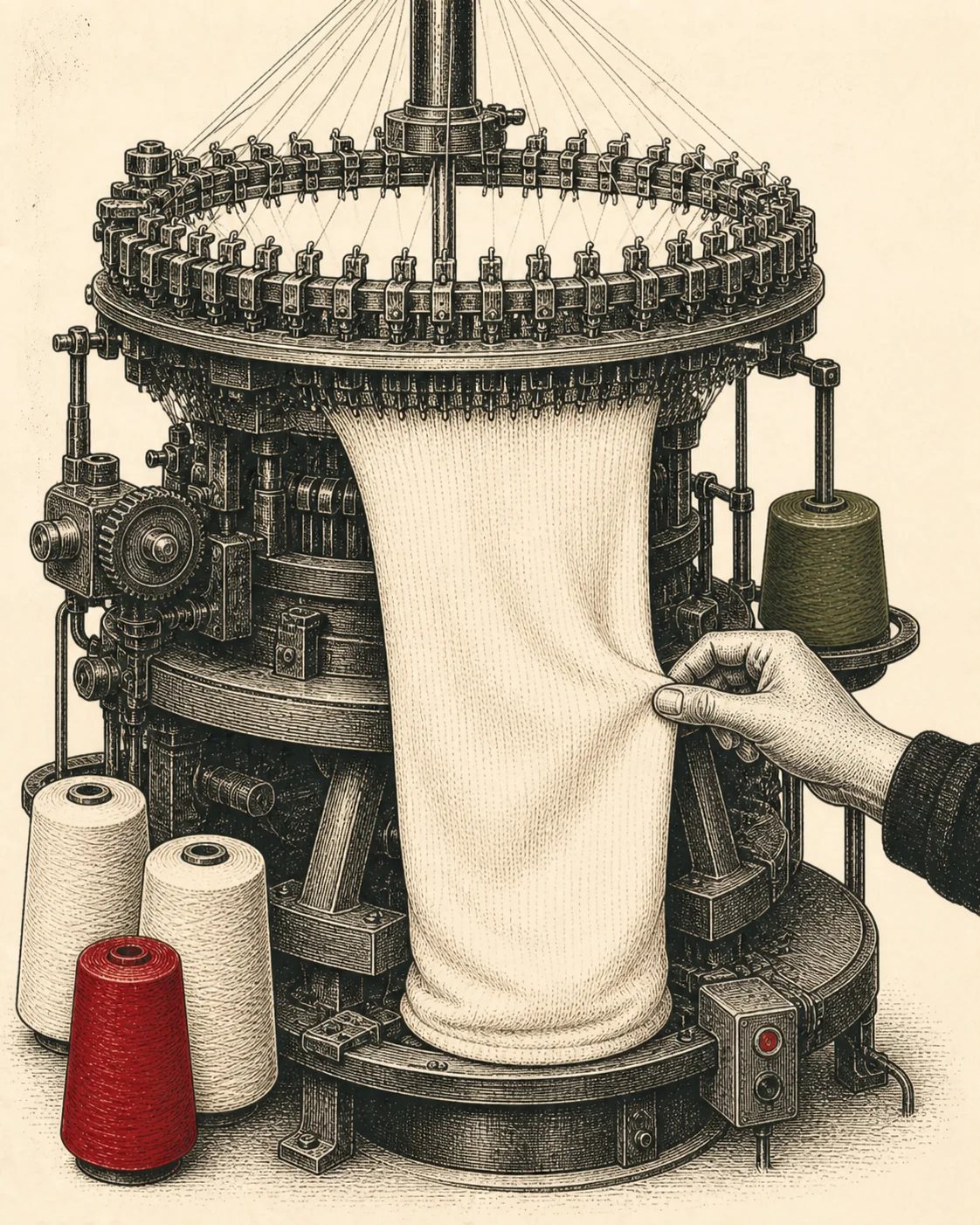 Ink illustration of a circular knitting machine producing a tube of jersey fabric