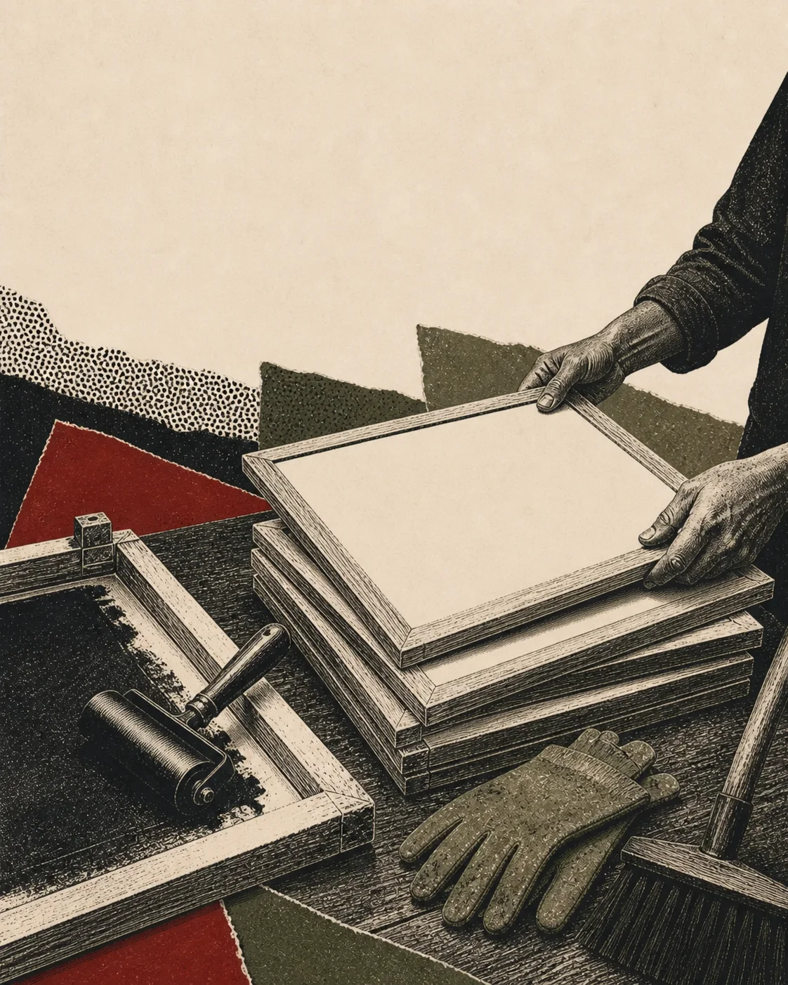 Screenprint collage of blank framed protest placards, work gloves, and a sanitation broom