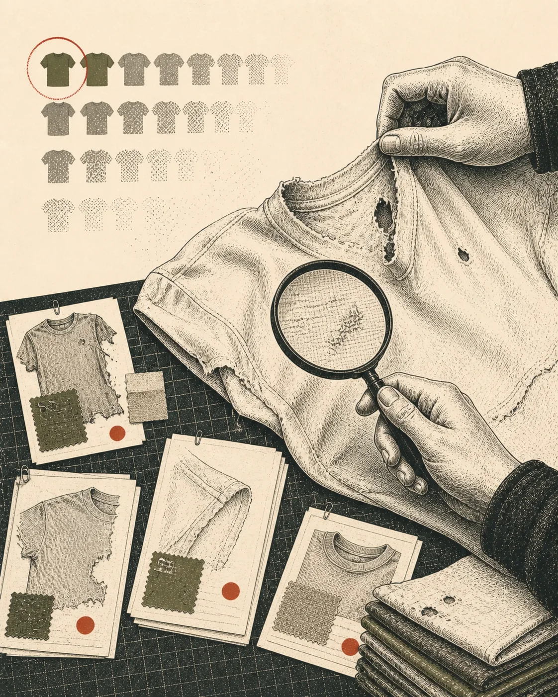 Ink illustration of hands inspecting a surviving vintage t-shirt beside missing-sample cards and construction details