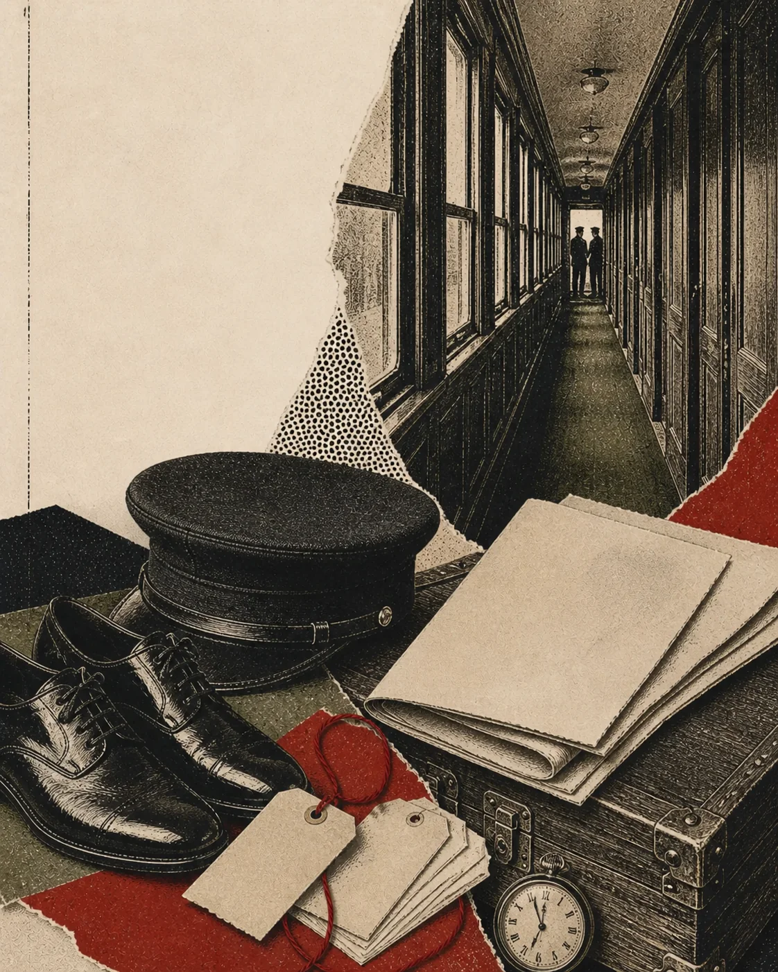 Screenprint collage of a sleeping-car corridor, porter cap, luggage, claim checks, and contract papers