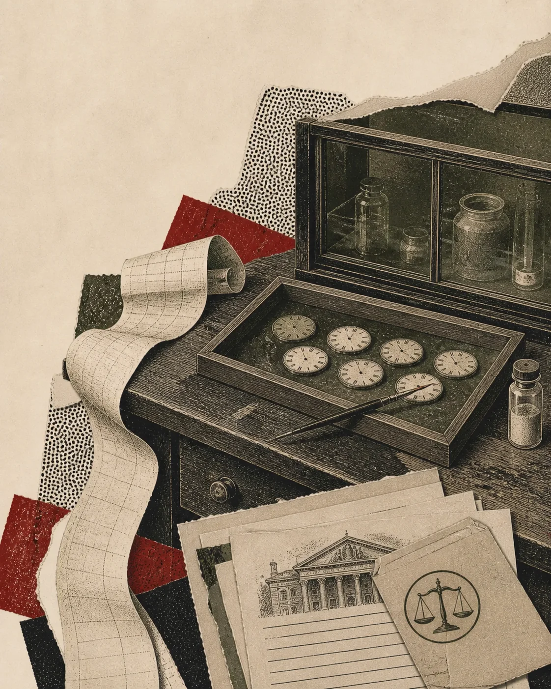 Screenprint collage of an empty dial-painting bench, brushes, watch dials, calendar, sealed sample, and court papers