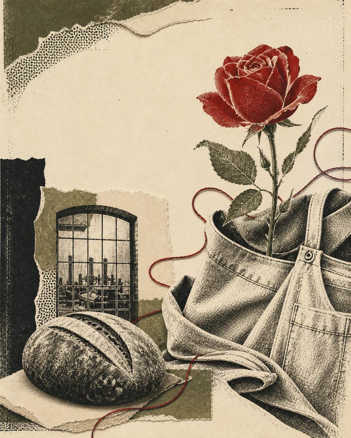 Screenprint collage of a red rose growing from an apron beside bread and a textile mill window