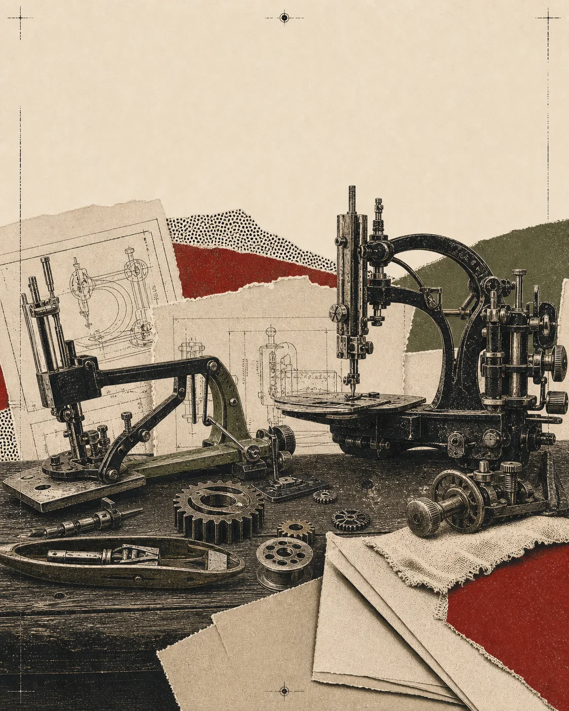 Screenprint collage of early sewing machines, gears, shuttle parts, patent drawings, and legal papers