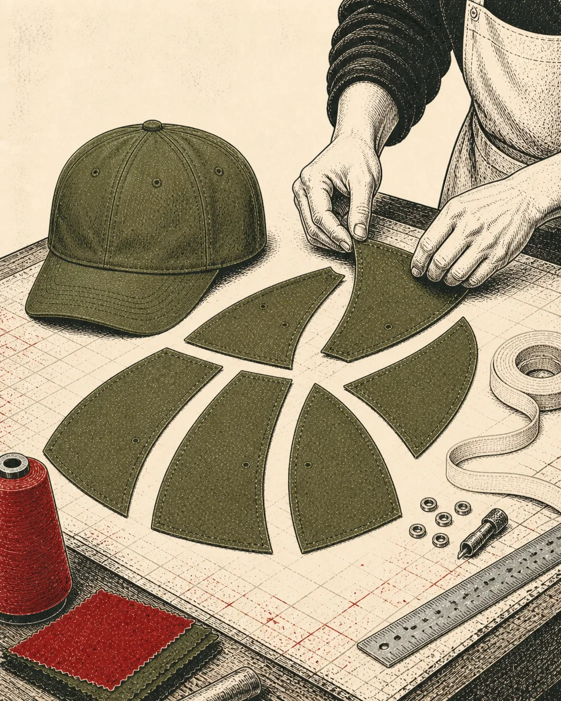 Ink illustration of an olive cap beside its six cut fabric panels on a worktable