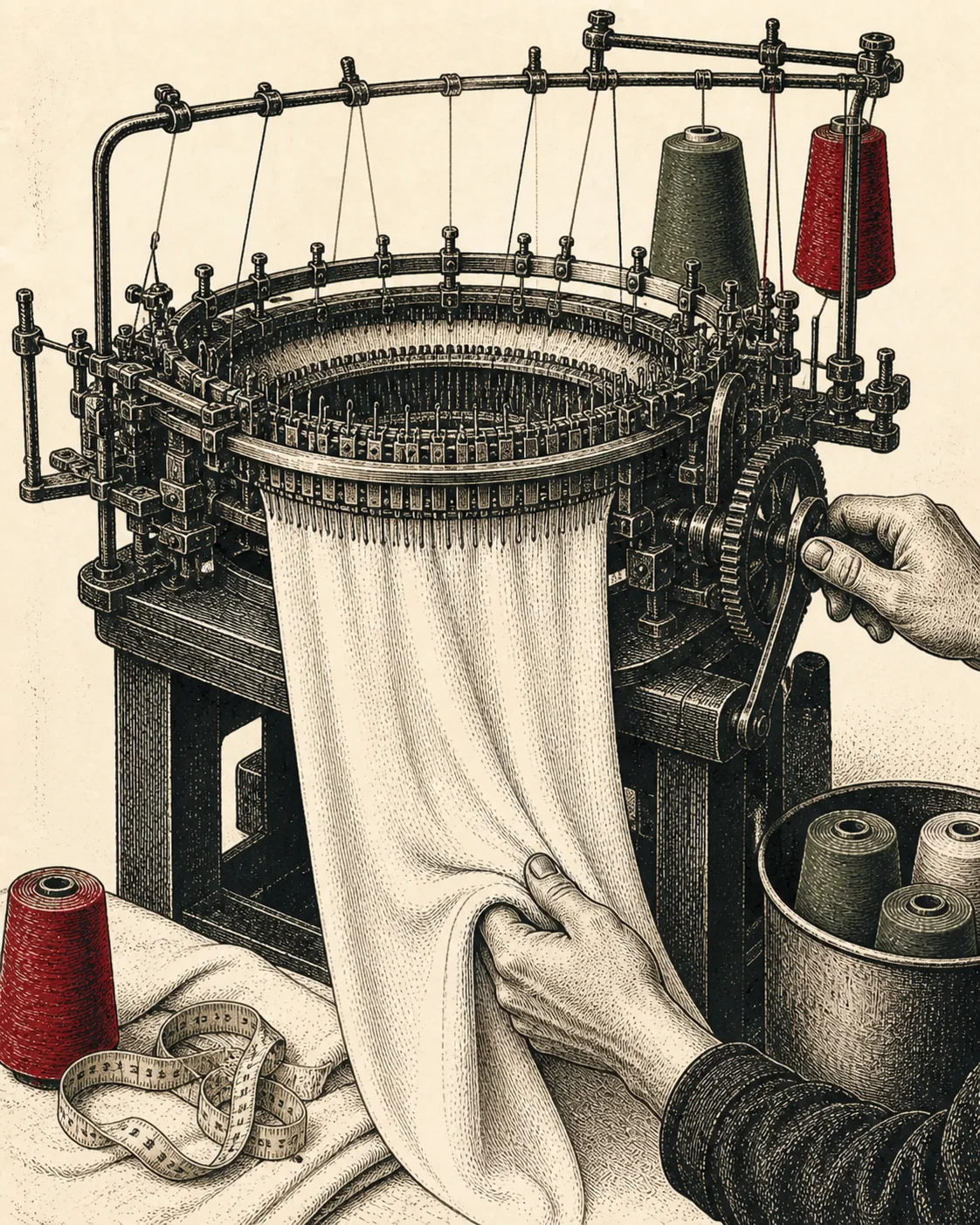 Ink illustration of a vintage loopwheel machine slowly knitting low-tension tubular jersey