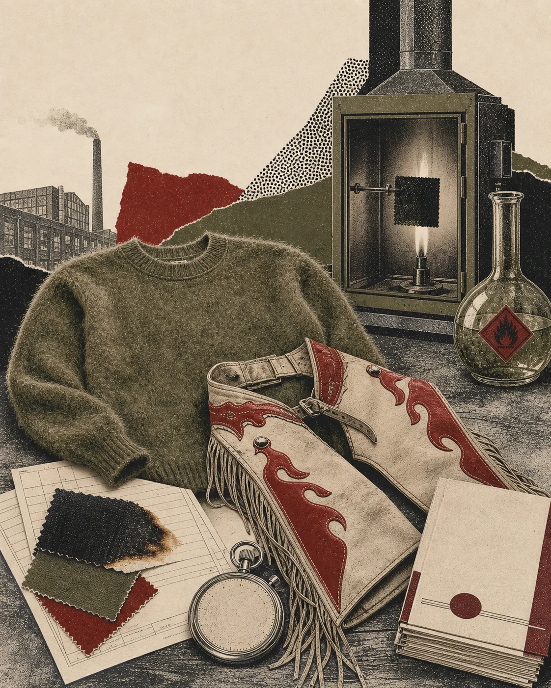 Screenprint collage of a rayon sweater, cowboy chaps, laboratory flame test, charred swatch, statute, and chemical flask