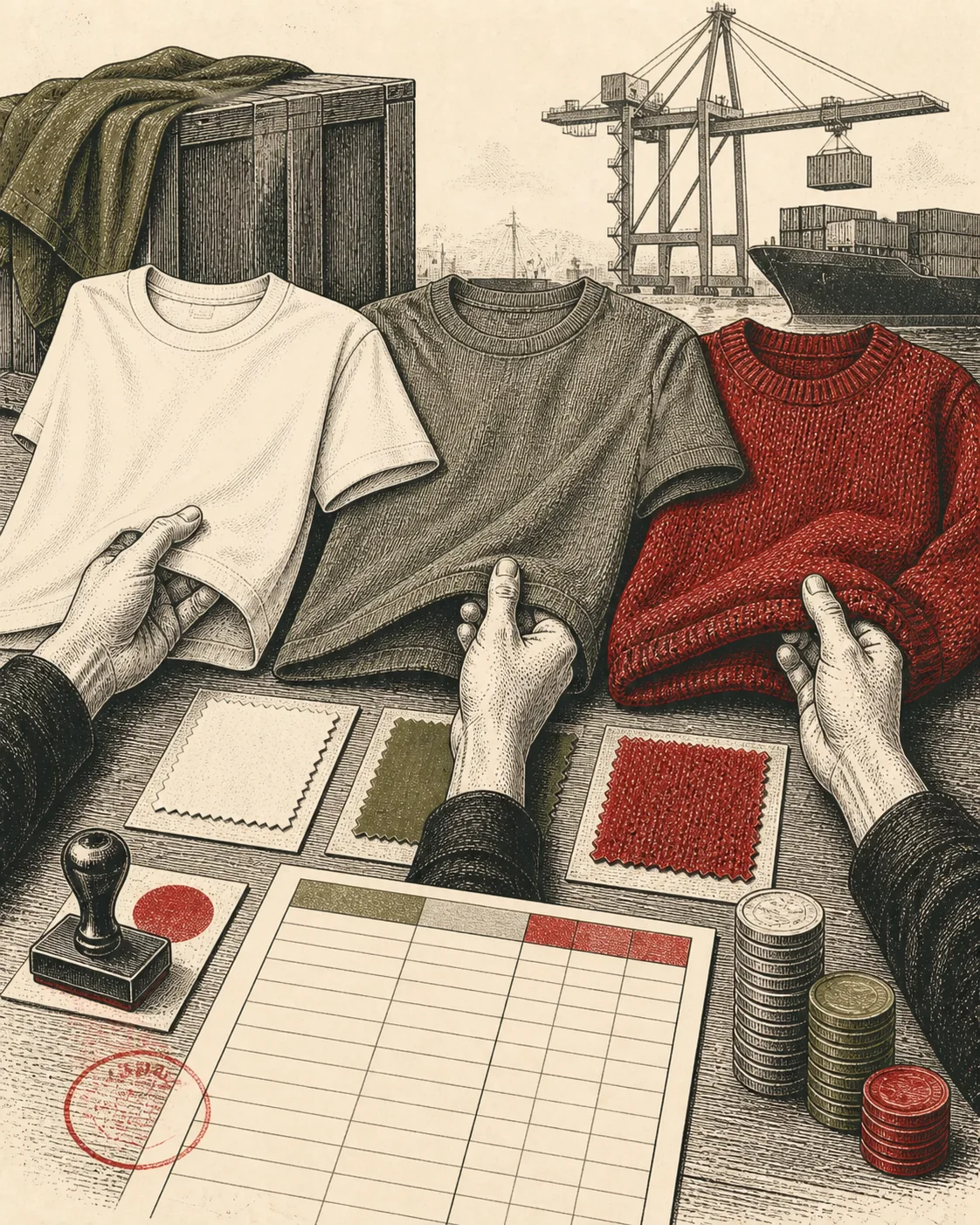 Ink illustration comparing cotton and polyester t-shirts and a cashmere sweater at a customs table
