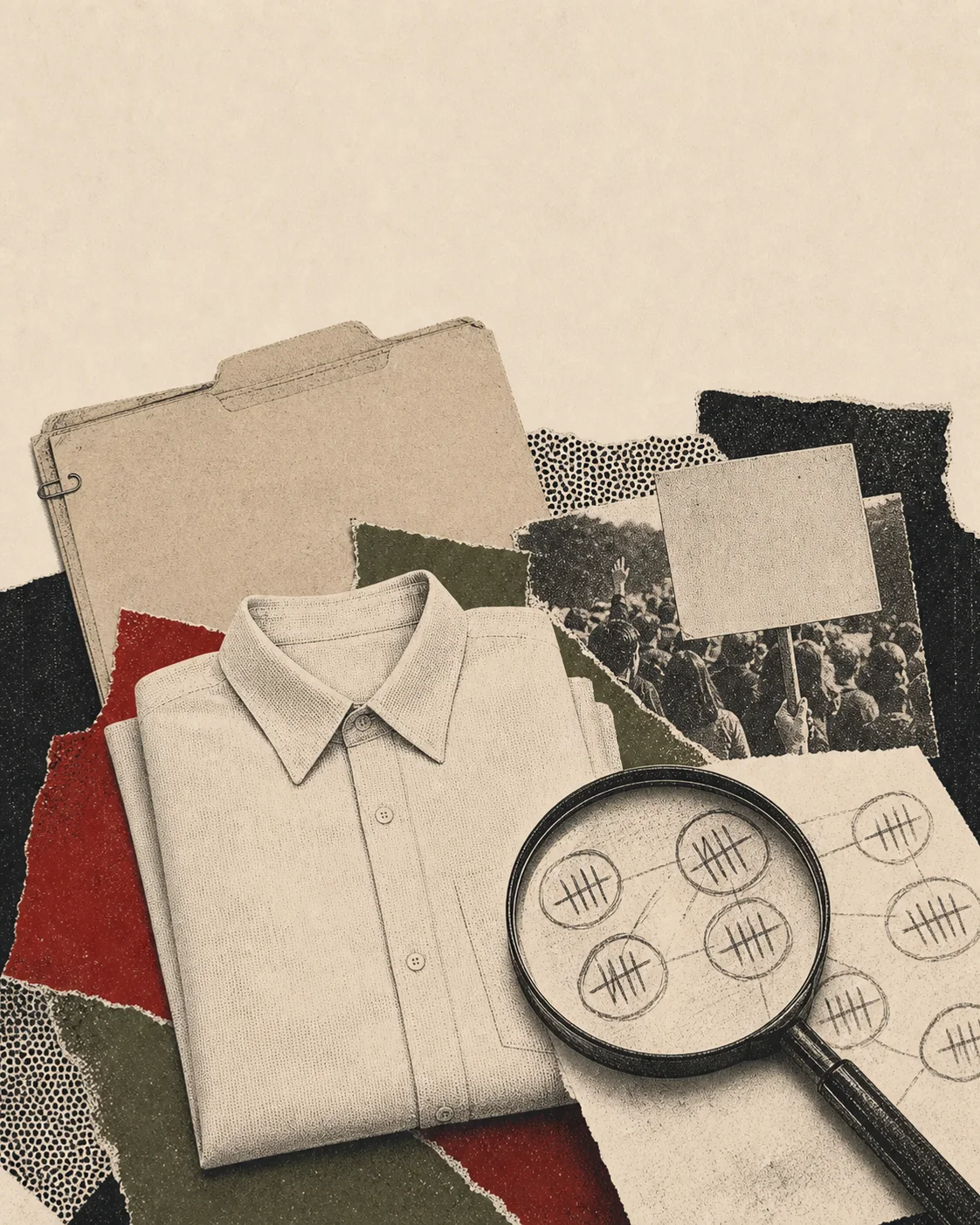 Screenprint collage of a shirt, tally marks, magnifier, campaign clipping, and empty research folder