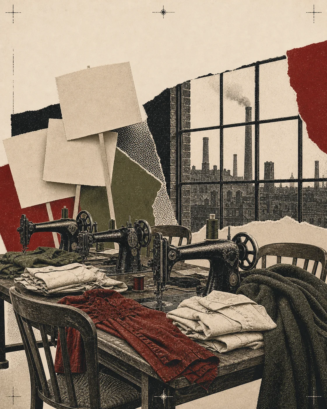 Screenprint collage of idle sewing machines, shirtwaists, winter coats, and blank picket placards