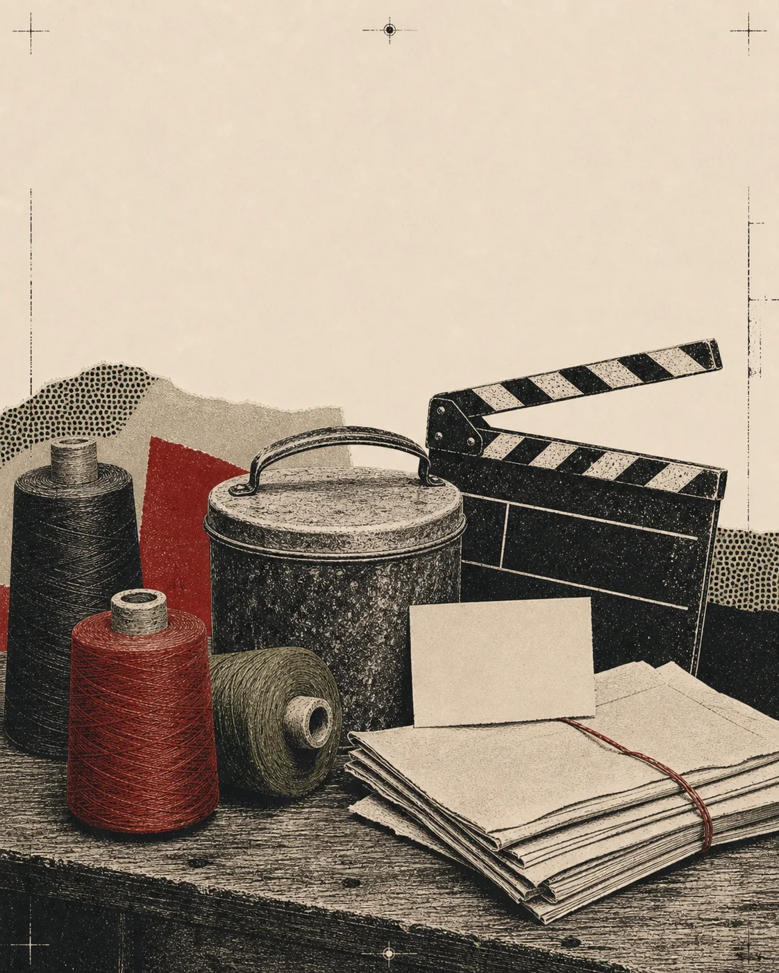 Screenprint collage of loom bobbins, lunch pail, union card, legal papers, and film clapperboard