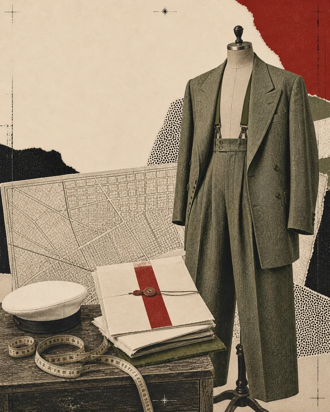 Screenprint collage of a zoot suit on a tailor form beside a city map, official papers, and sailor cap