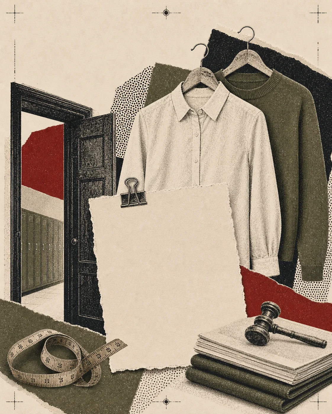 Screenprint collage of two plain outfits, a blank dress-code policy, measuring tape, doorway, and legal papers