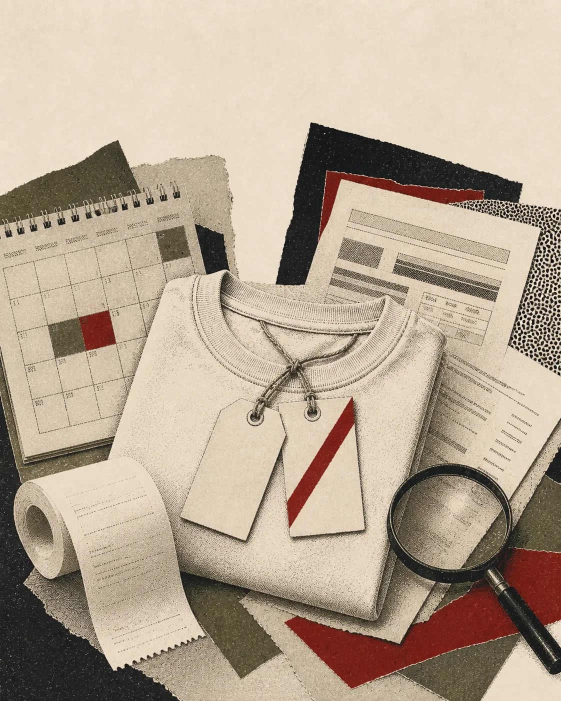Screenprint collage of a folded shirt, crossed price tag, receipt, calendar, and consumer-rule papers