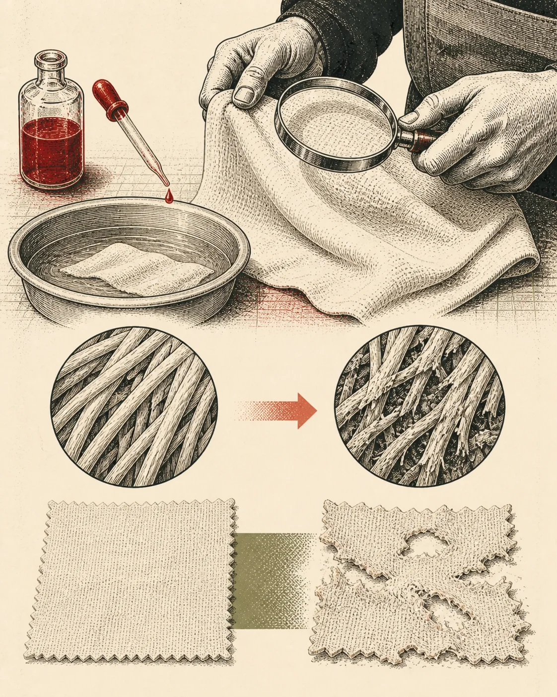 Ink illustration of hands examining bleach-weakened cotton fibers, test swatches, and a wash basin