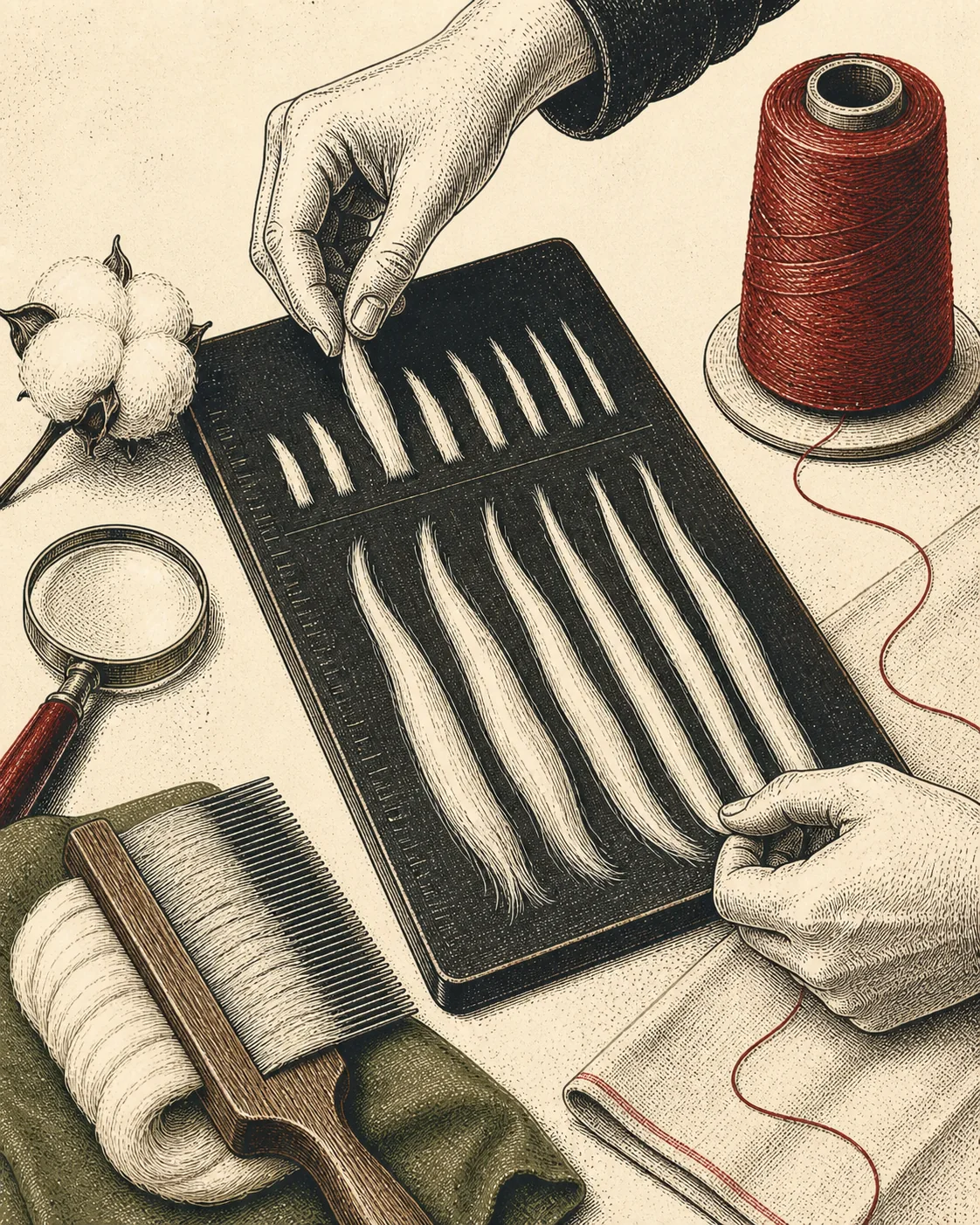 Ink illustration of hands comparing short and long cotton fibers beside a boll and yarn spool