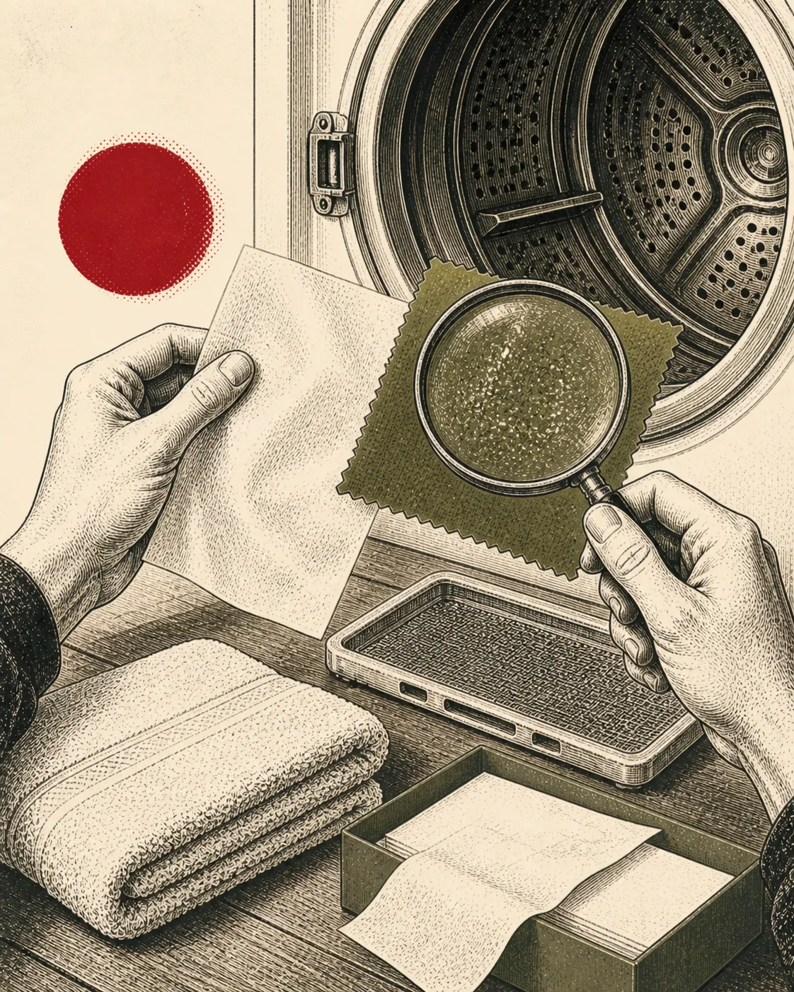 Ink illustration of hands examining a dryer sheet and coated fabric swatch beside a dryer