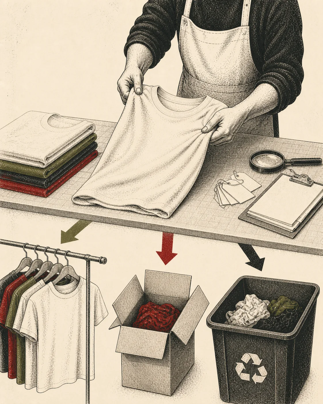 Ink illustration of hands inspecting a returned shirt and sorting it toward resale, liquidation, or disposal