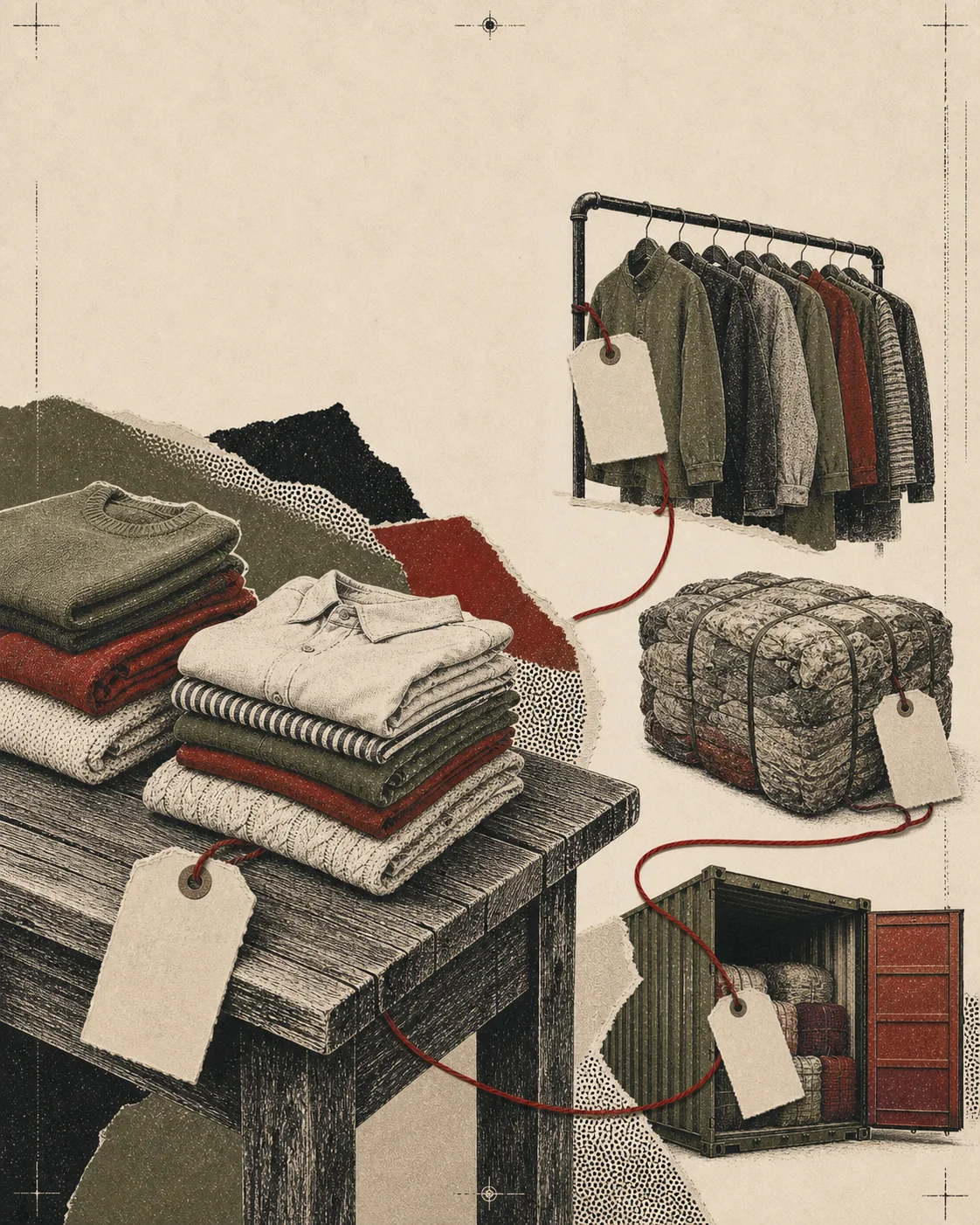 Screenprint collage of donated garments sorted toward a clothing rail, textile bale, and shipping crate