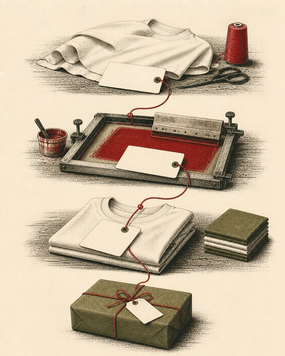 Ink illustration of an order card, print screen, folded shirt, and parcel connected by red thread