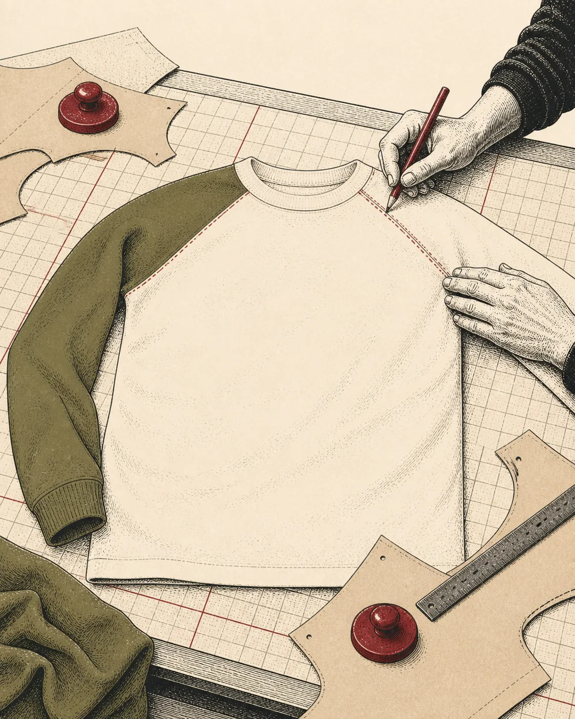 Ink illustration of hands tracing the diagonal sleeve seam on a cream raglan shirt