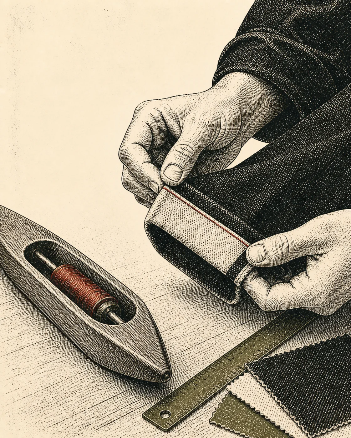 Ink illustration of hands turning a denim cuff to show its red-edged selvedge seam