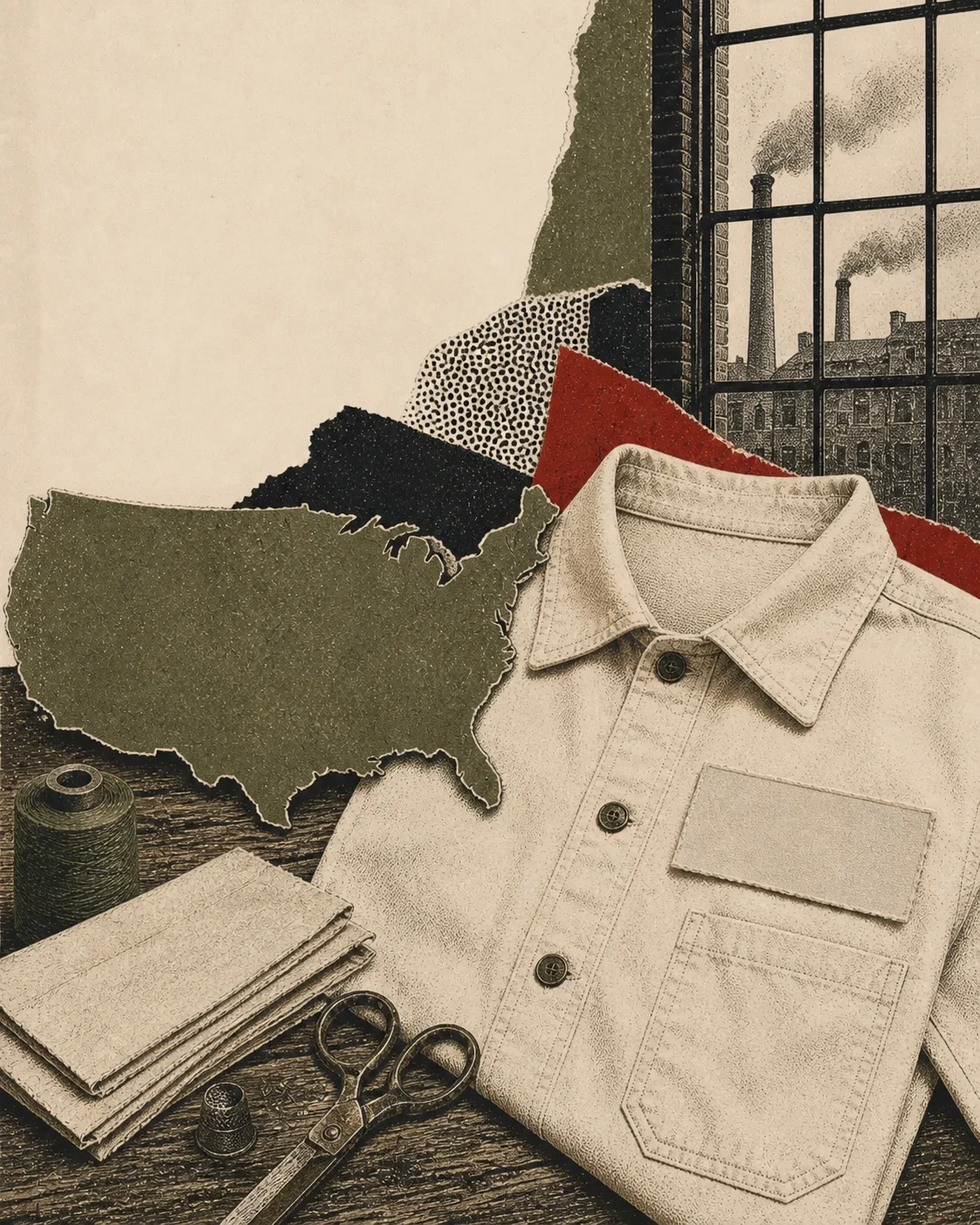 Screenprint collage of a blank garment label, United States map cutout, factory window, and legal papers
