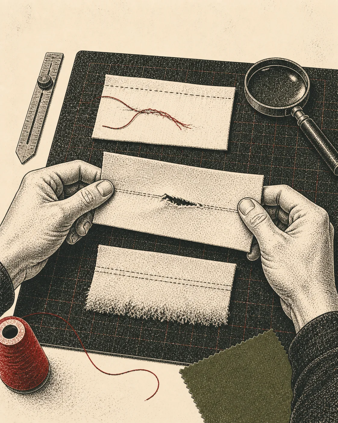 Ink illustration of hands comparing broken thread, torn fabric, and yarn slippage at three seams