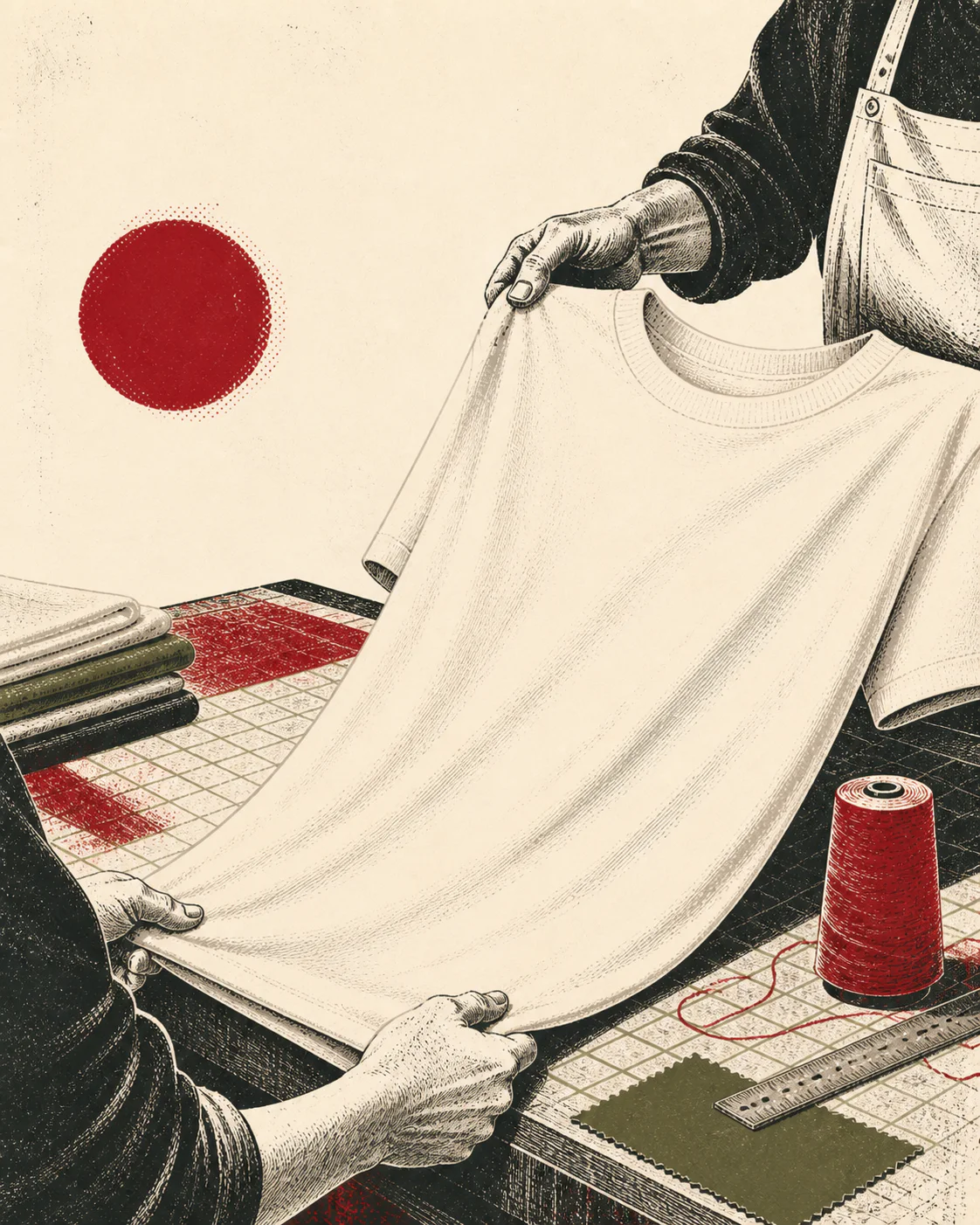 Ink illustration of hands testing the straight drape of a heavyweight cream tee over a cutting table