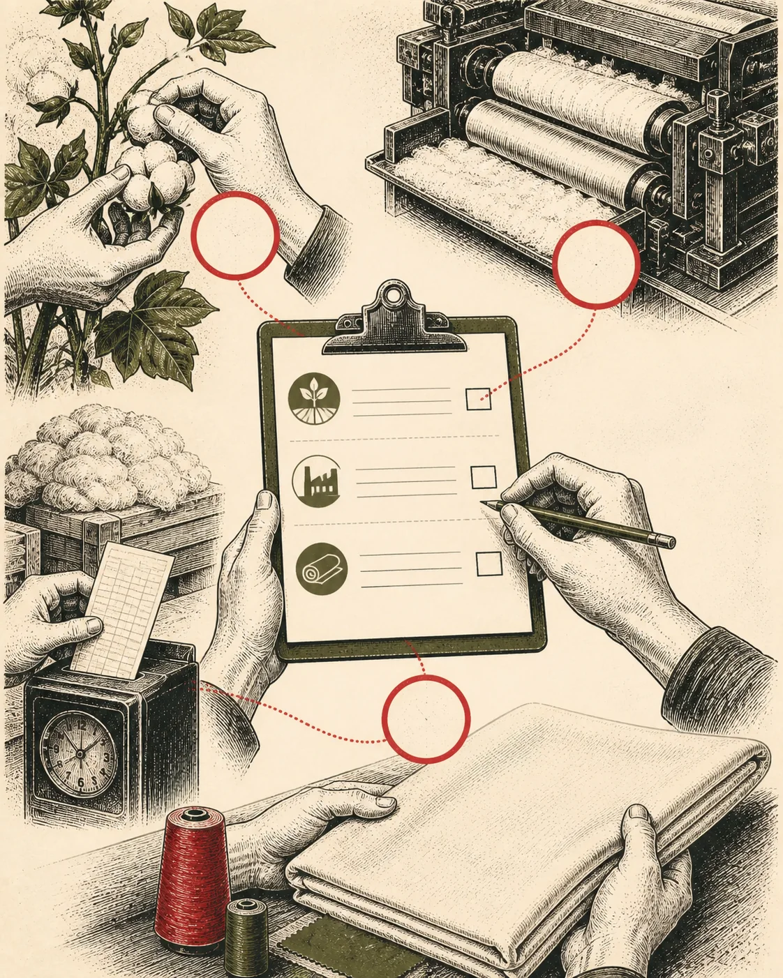 Ink illustration tracing cotton through farming, processing, chain-of-custody checks, and finished cloth