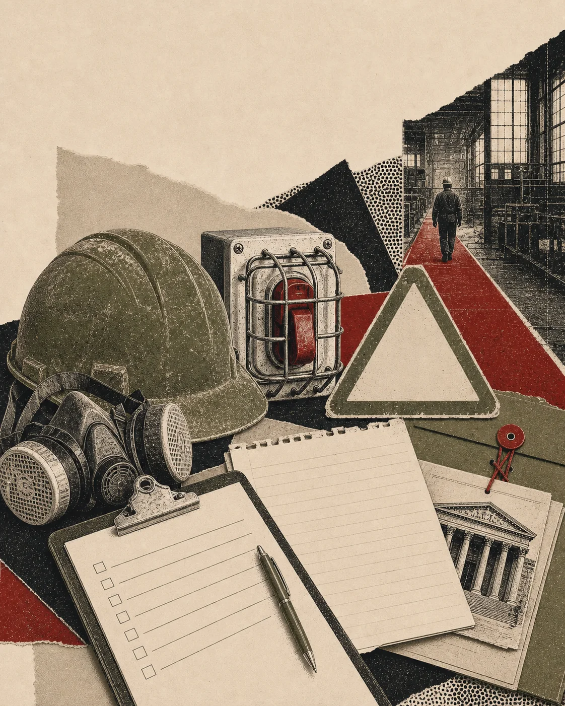 Screenprint collage of workplace safety gear, guarded machinery, complaint form, inspection clipboard, and court papers