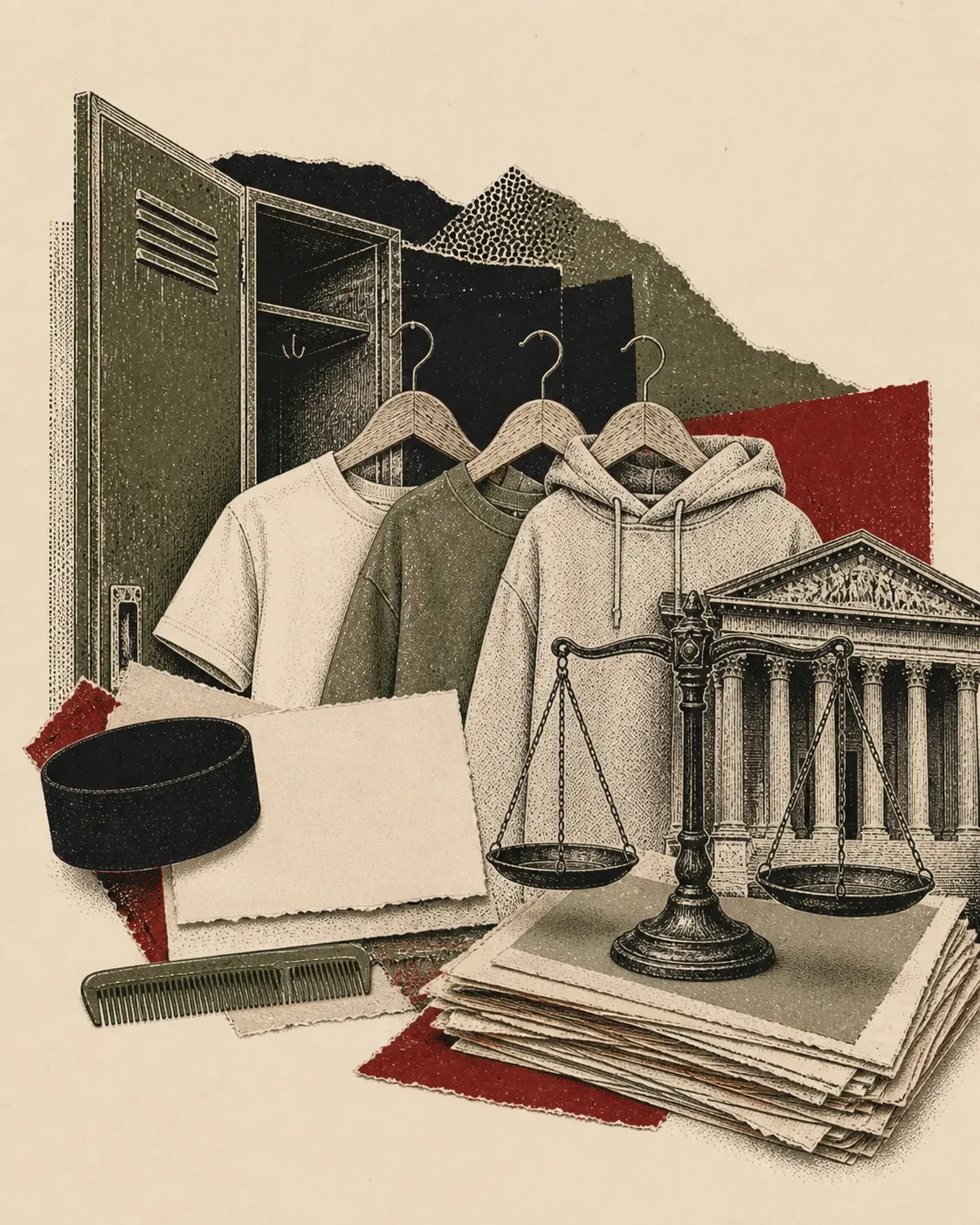 Screenprint collage of student clothes, black armband, school policy, locker, court papers, and comb