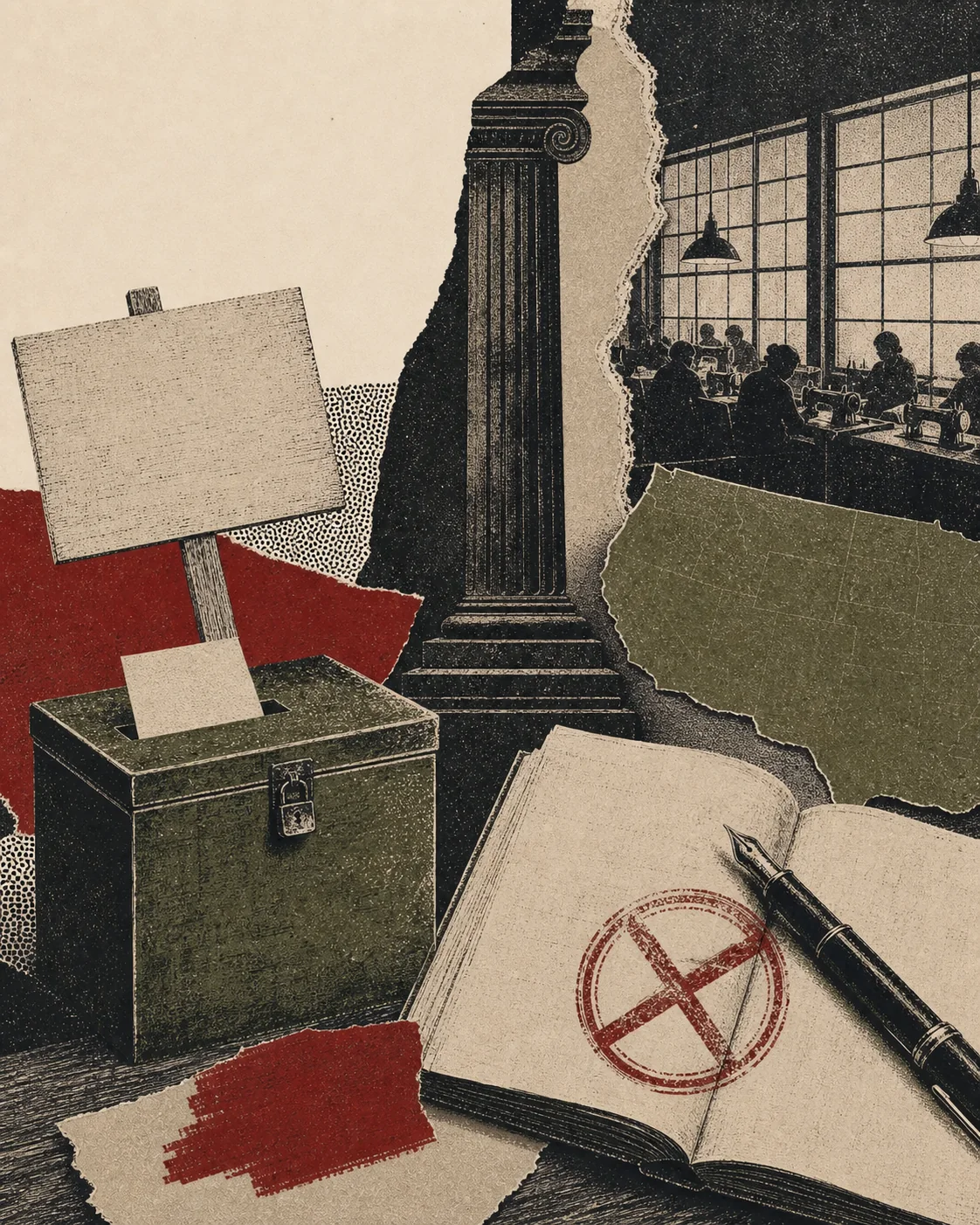 Screenprint collage of union ballot, separated workplaces, state map, injunction stamp, veto pen, and statute pages