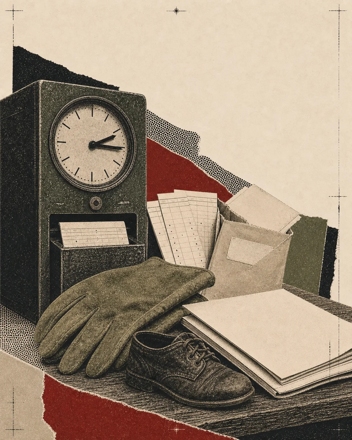Screenprint collage of a factory clock, punch cards, wage envelope, work gloves, and legal papers