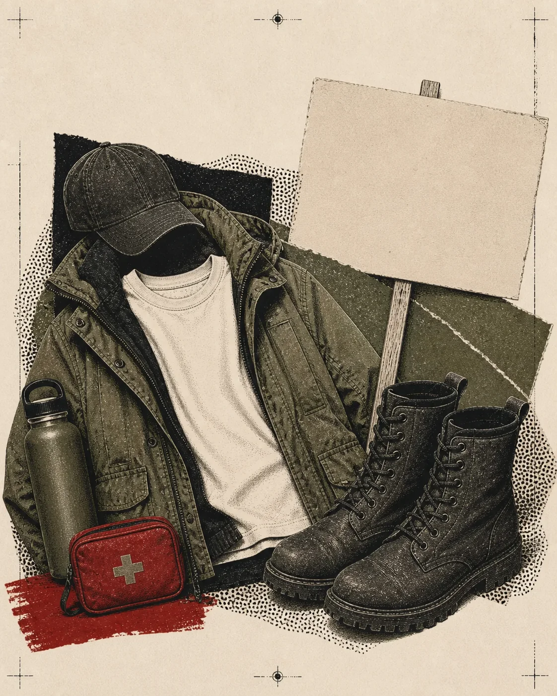 Screenprint collage of a jacket, t-shirt, boots, cap, water bottle, and blank protest placard