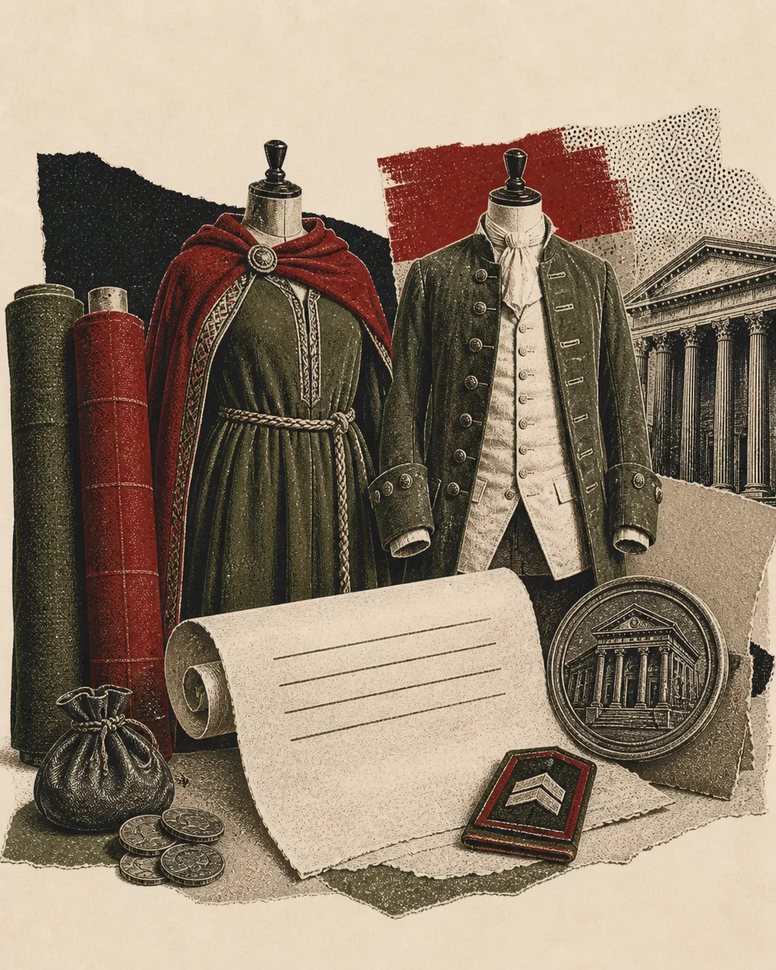 Screenprint collage of regulated historical garments, cloth bolts, statute scroll, coins, and rank badge