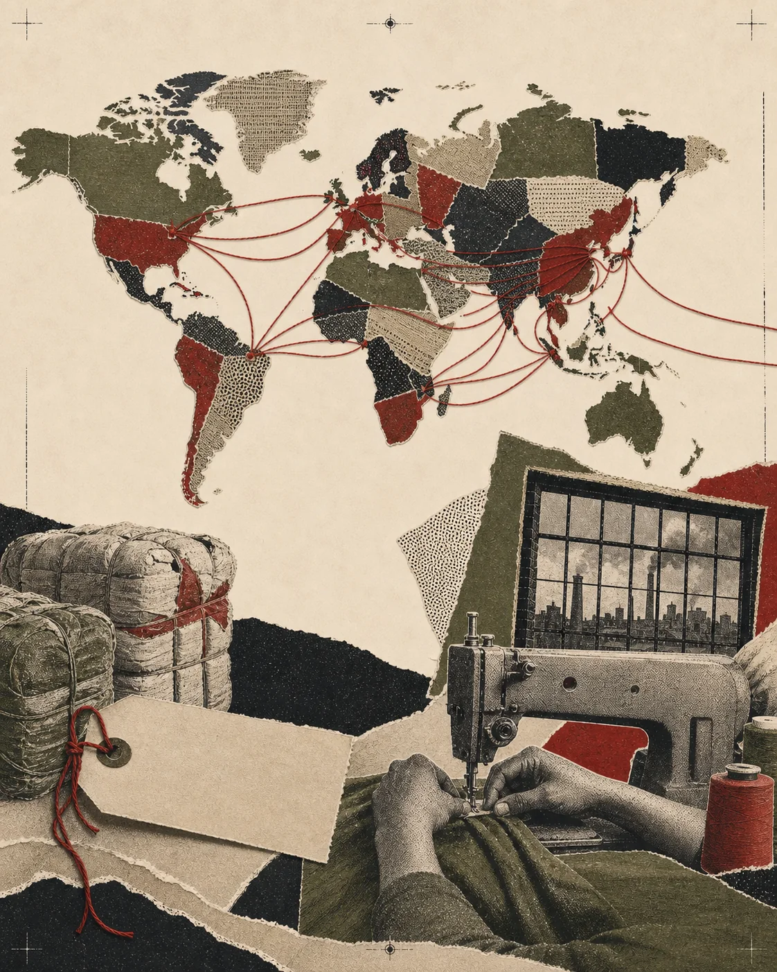 Screenprint collage of a fabric world map, sewing hands, garment bales, and red-thread routes