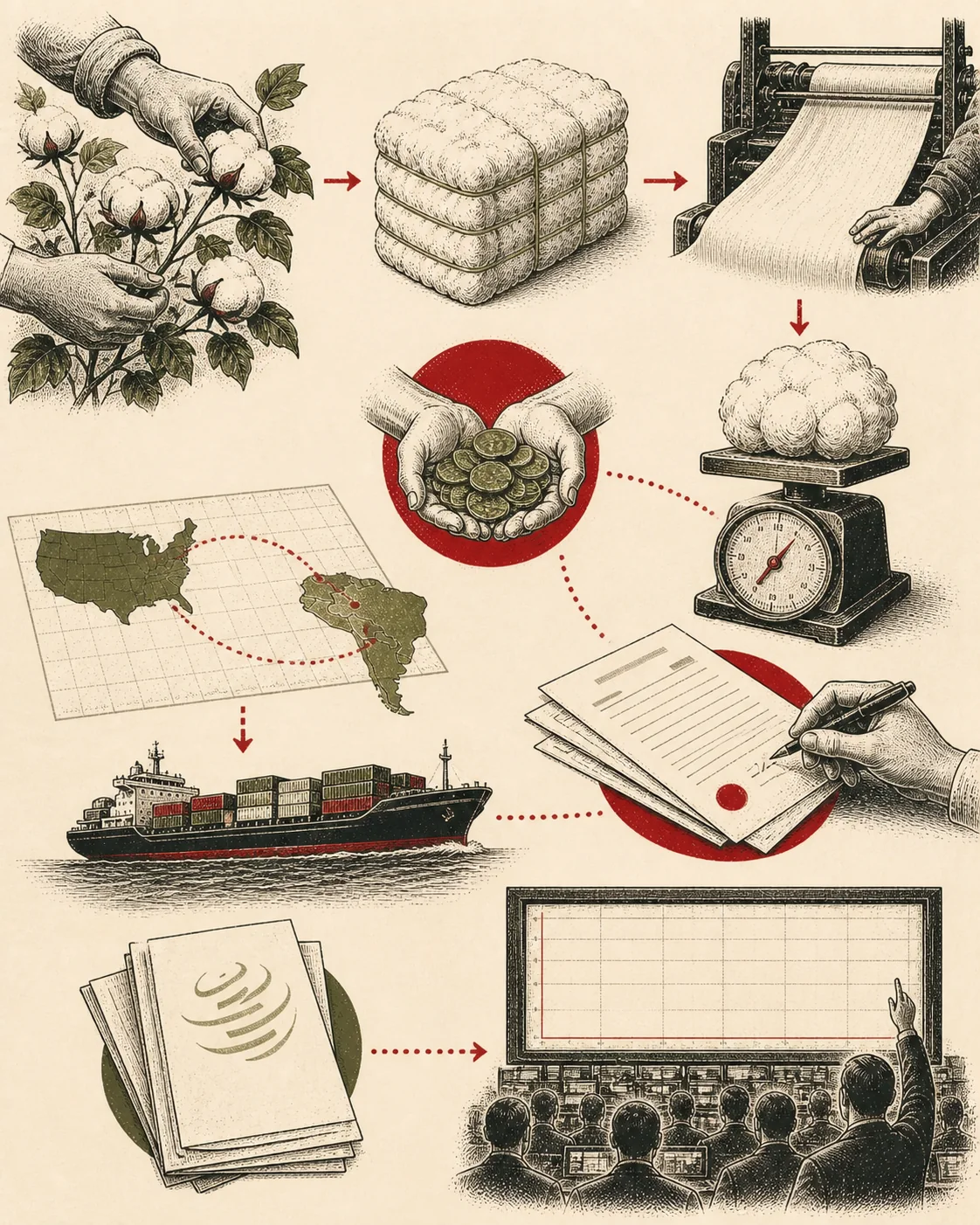 Ink illustration tracing cotton from farm bale through futures contracts, subsidies, trade map, and cargo shipment