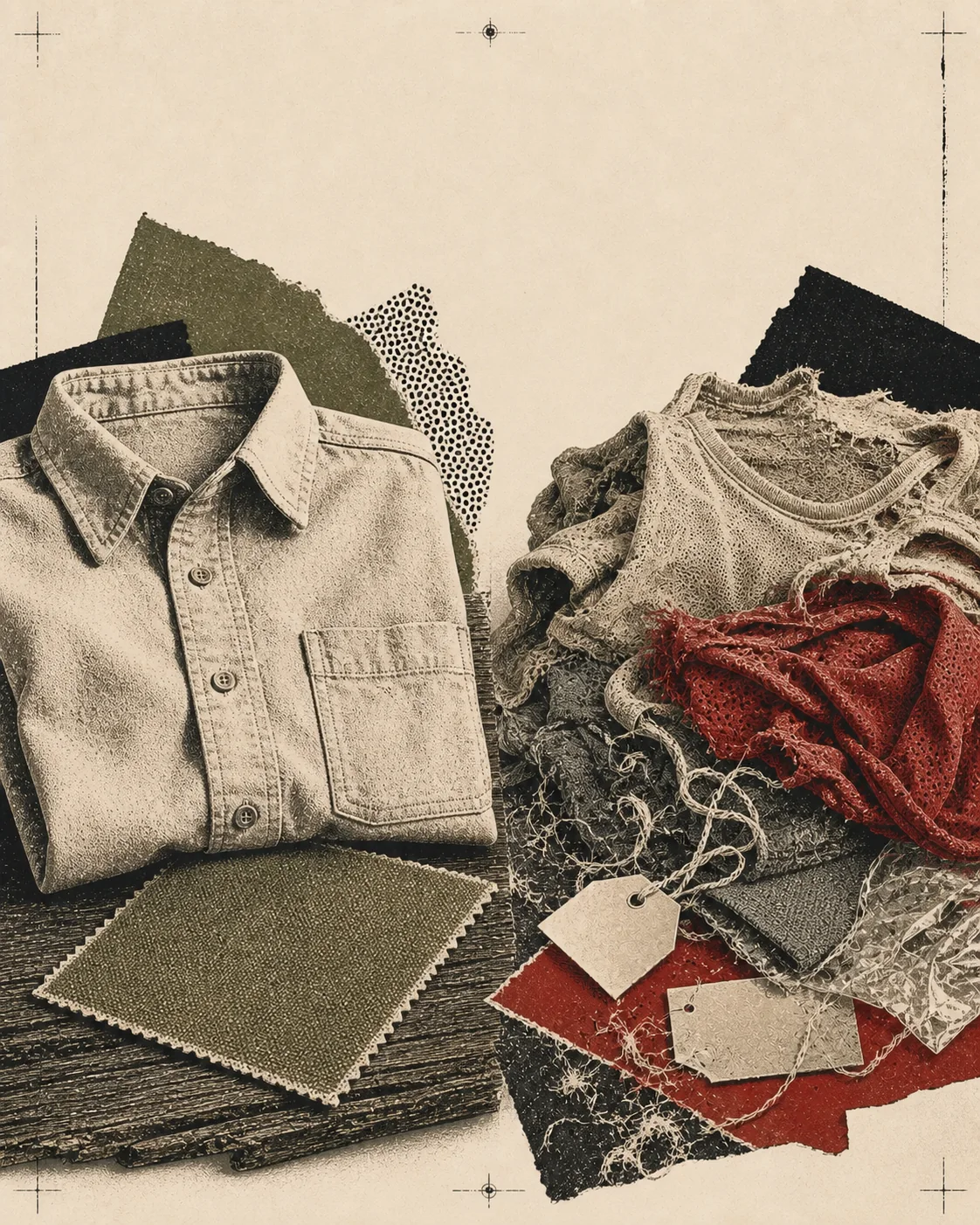 Screenprint collage contrasting a sturdy cotton shirt with a pile of thin synthetic garments