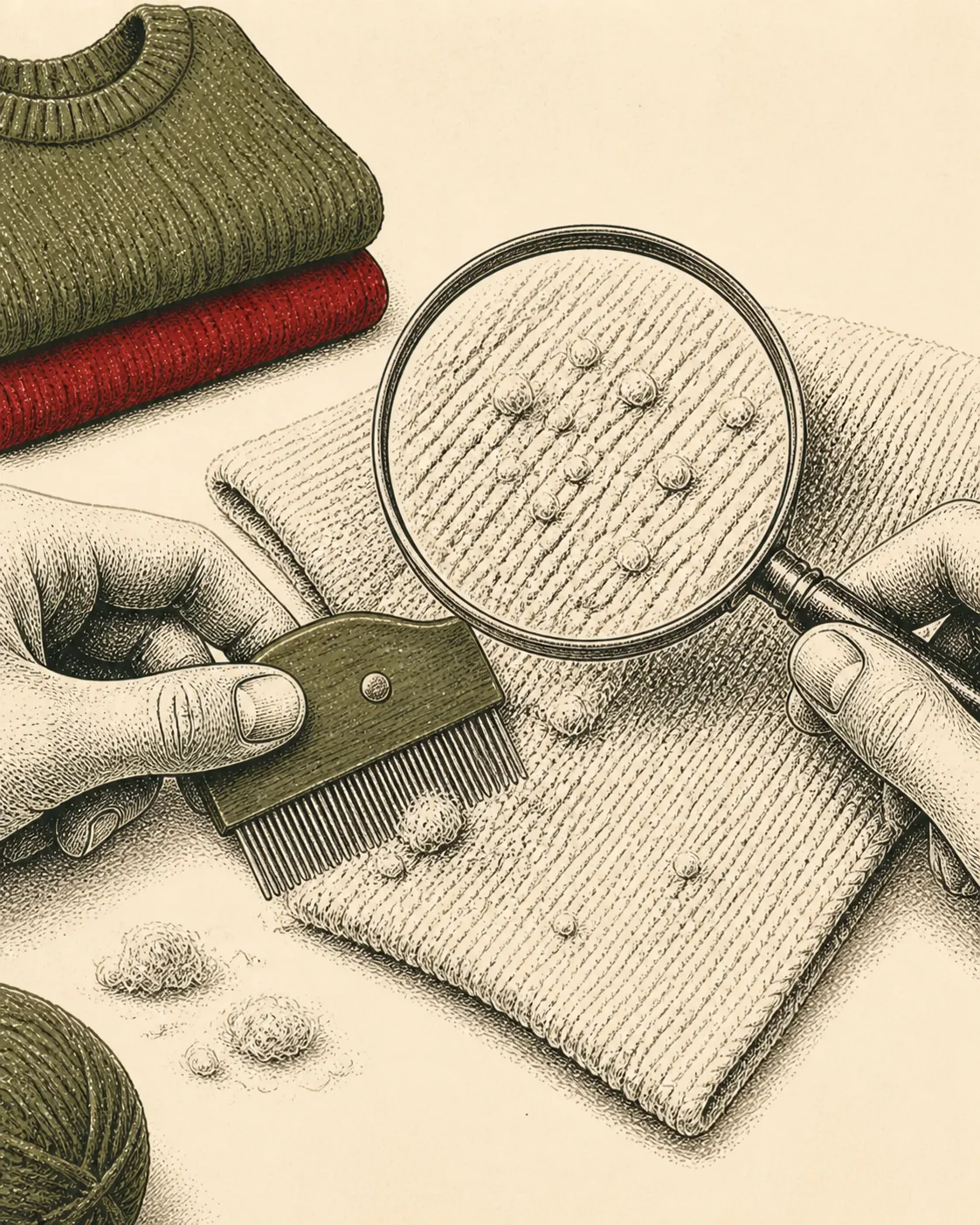 Ink illustration of hands examining and combing pills from a knit fabric swatch