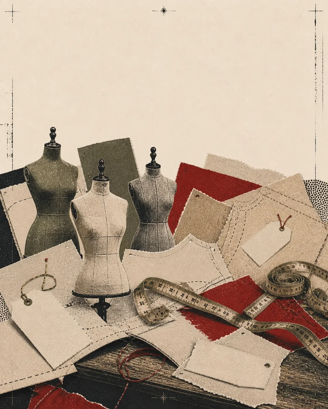 Screenprint collage of mismatched garment patterns, dress forms, measuring tapes, and blank size tags