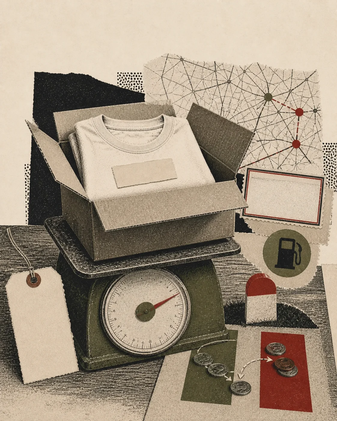 Screenprint collage of a boxed shirt on a postal scale with route map, blank label, fuel symbol, and coins
