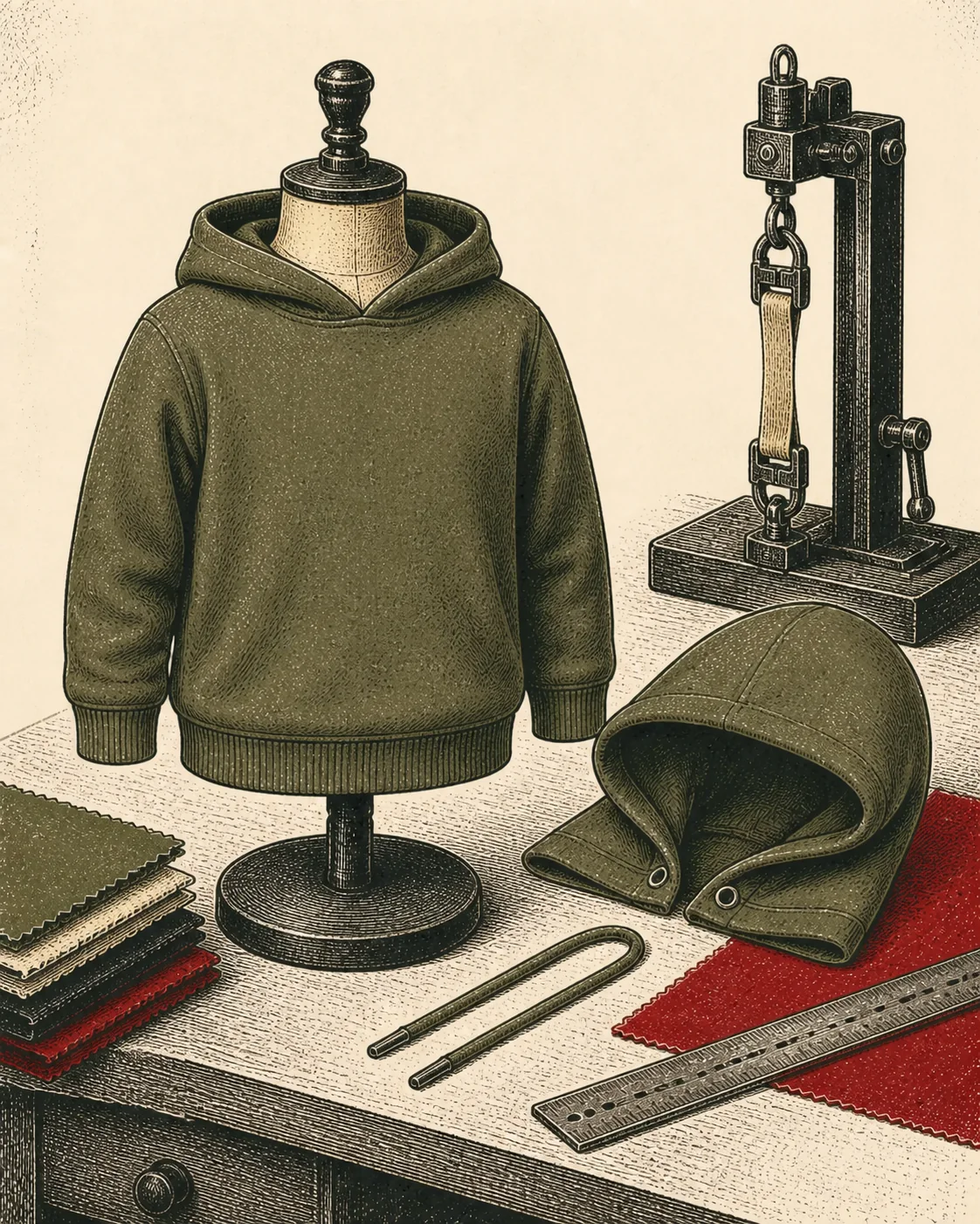 Ink illustration of a drawstring-free olive hoodie beside an older hood and removed cord
