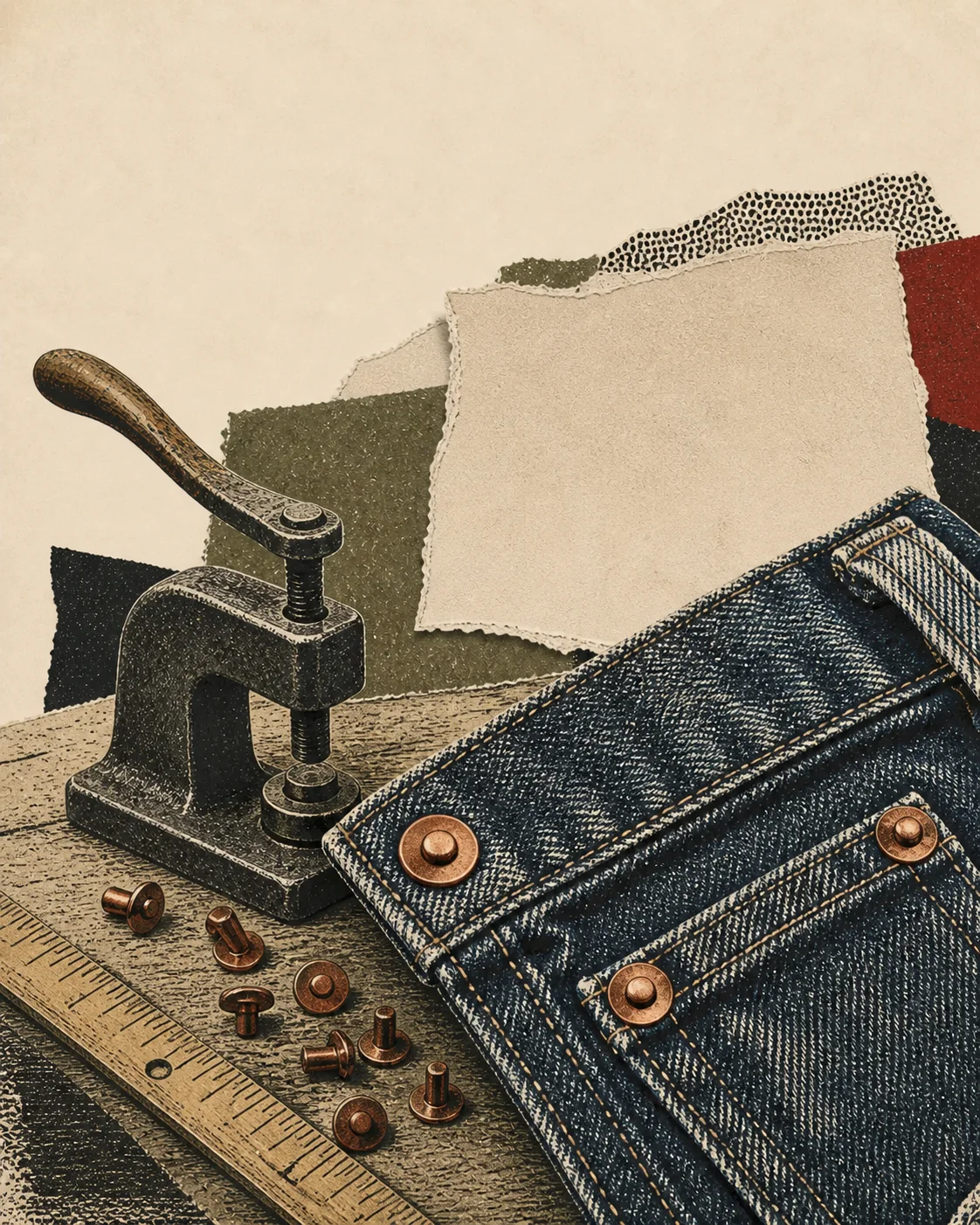Screenprint collage of denim pocket corners with copper rivets, a hand press, and a measuring rule