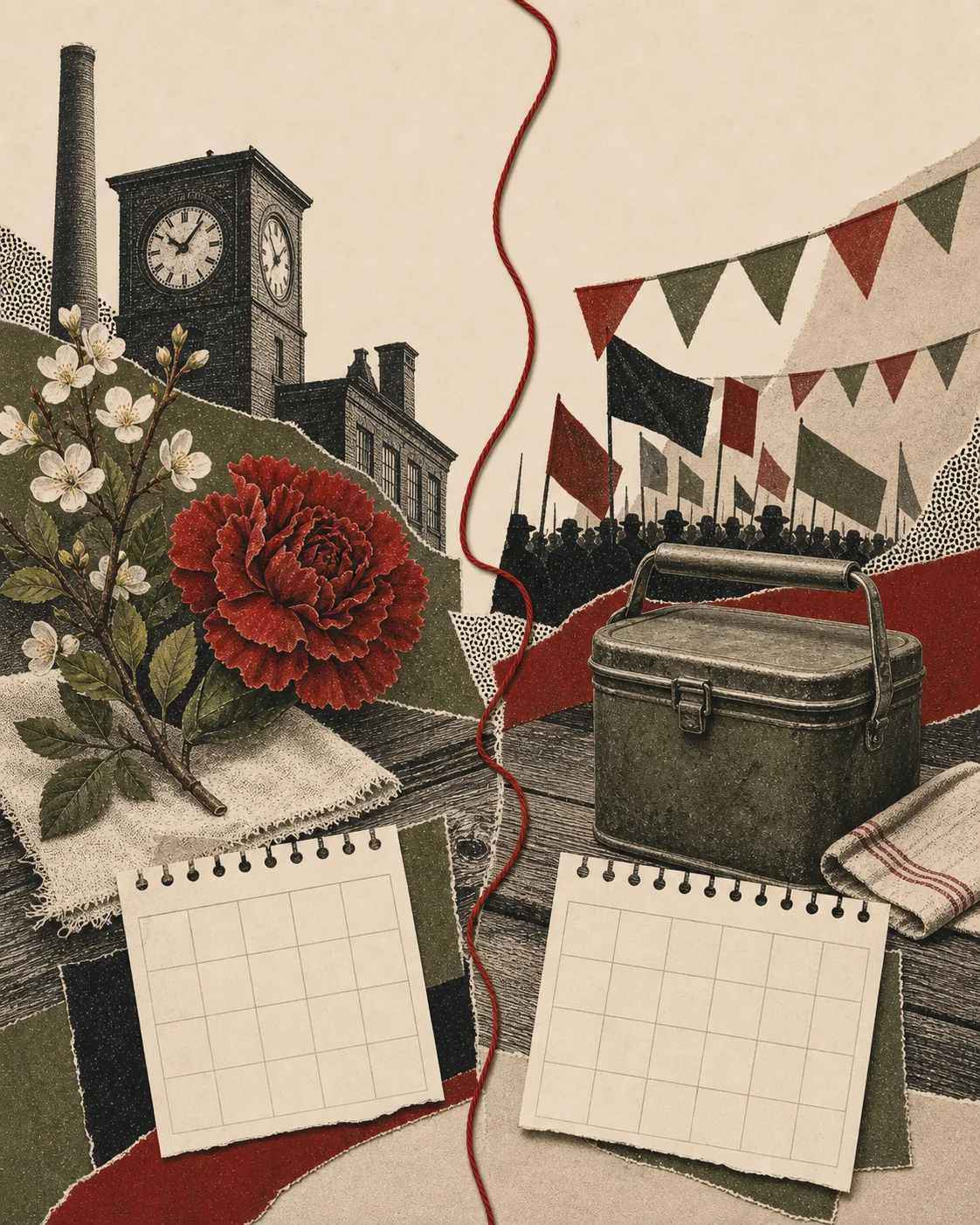 Screenprint collage contrasting a spring factory clock and red flower with a late-summer lunch pail