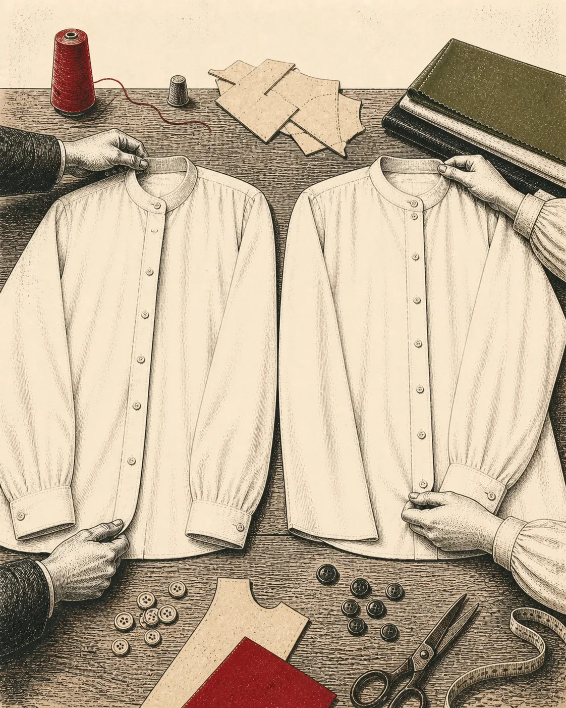Ink illustration of two shirt plackets with buttons fastened on opposite sides